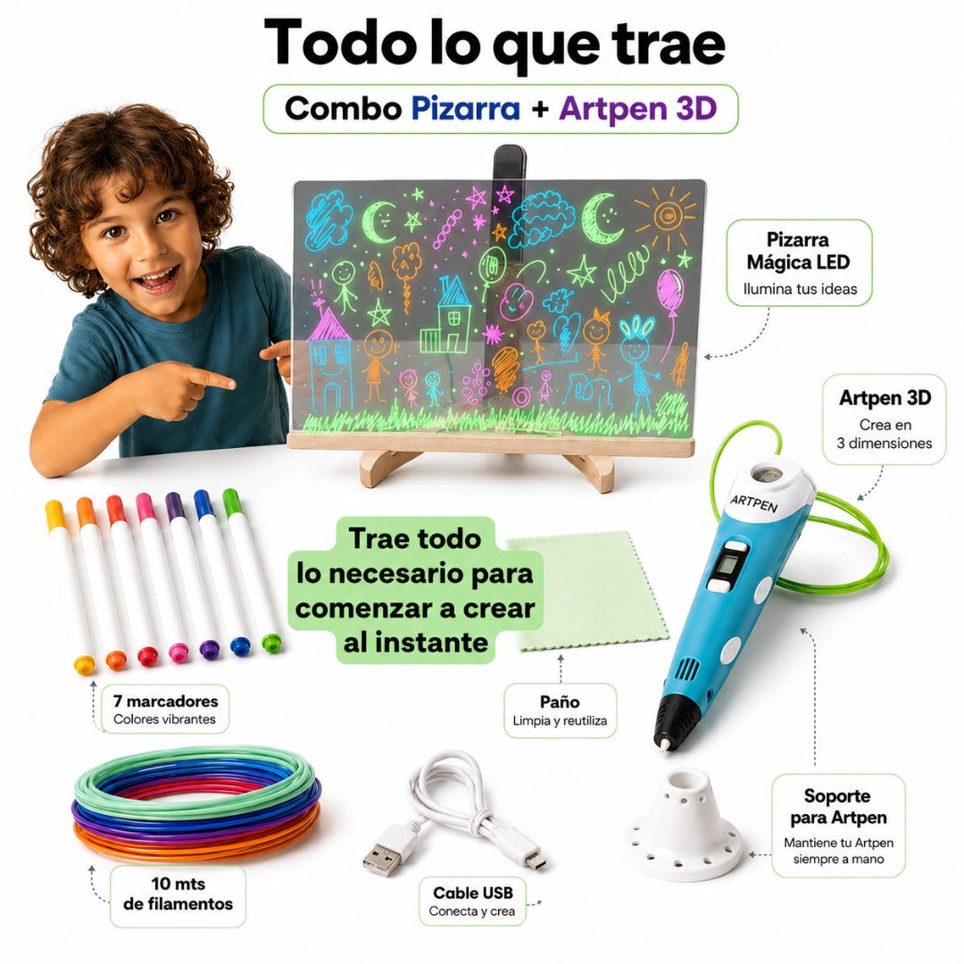 COMBO ACCIÓN CREATIVA ARTPEN3D + PIZARRA LED
