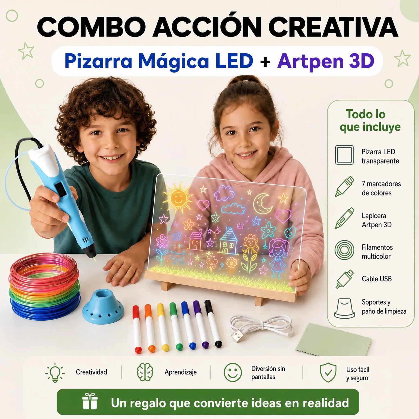 COMBO ACCIÓN CREATIVA ARTPEN3D + PIZARRA LED